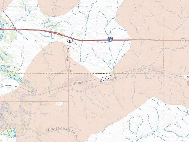 Radar-estimated hail-size map of the storm over Wilton, IA on Jul 3, 2026