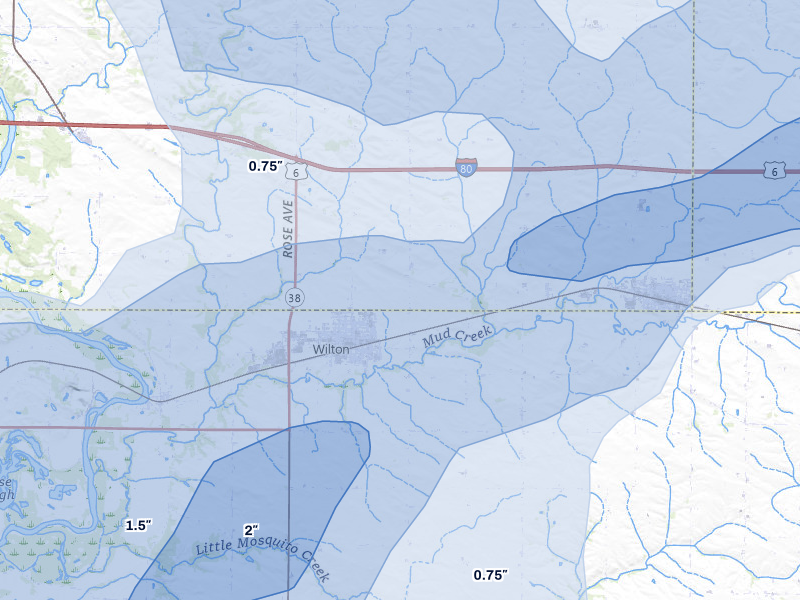 NEXRAD radar-signature map of the hail storm over Wilton, IA on Jul 3, 2026