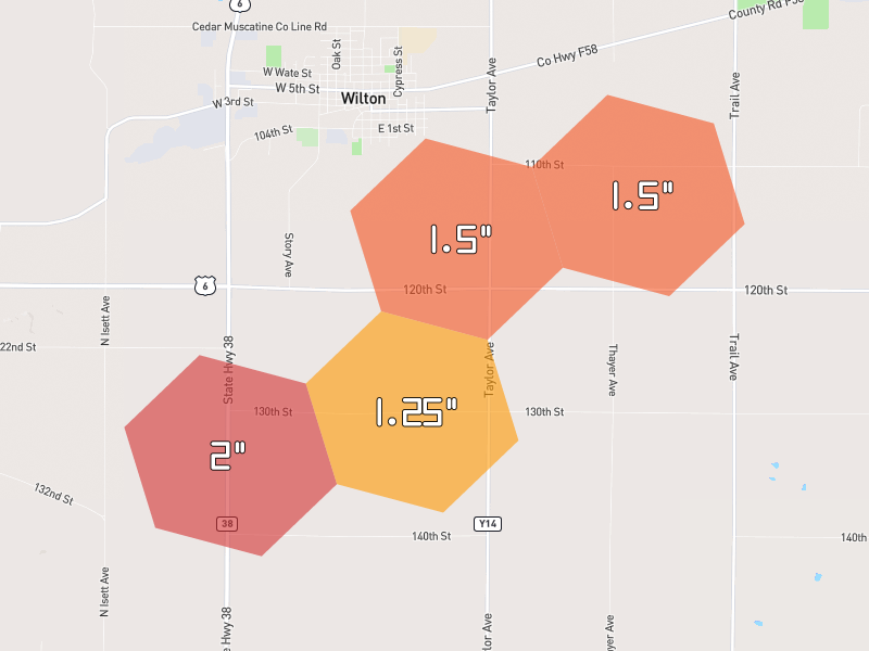 Hail map of Wilton, IA on Jul 3, 2026, hail up to 2"