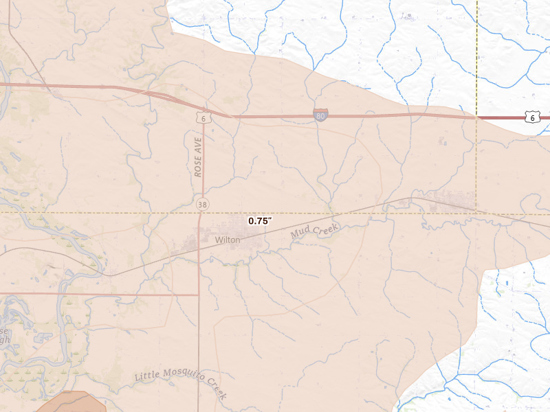 Radar-estimated hail-size map of the storm over Wilton, IA on Aug 11, 2026