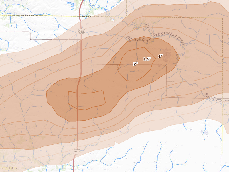 Radar-estimated hail-size map of the storm over Winfield, IA on Mar 10, 2026
