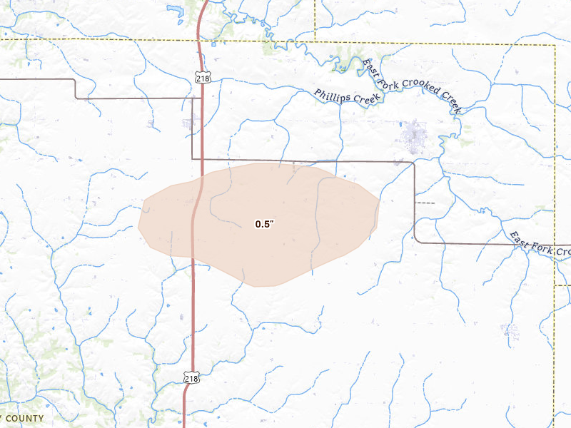 Radar-estimated hail-size map of the storm over Winfield, IA on Aug 11, 2026
