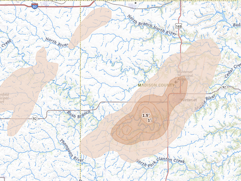 Radar-estimated hail-size map of the storm over Winterset, IA