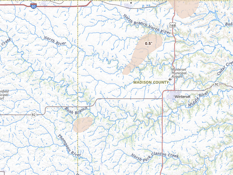 Radar-estimated hail-size map of the storm over Winterset, IA on Apr 17, 2026