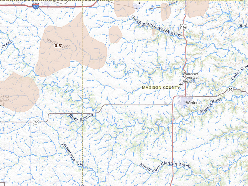 Radar-estimated hail-size map of the storm over Winterset, IA on Apr 23, 2026