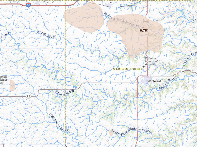 Radar-estimated hail-size map of the storm over Winterset, IA on May 15, 2026