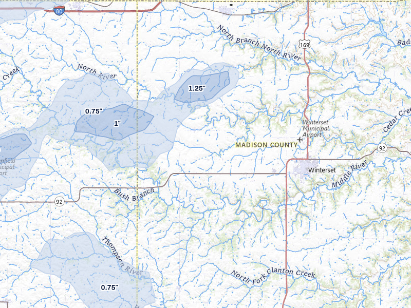 NEXRAD radar-signature map of the hail storm over Winterset, IA on May 18, 2026