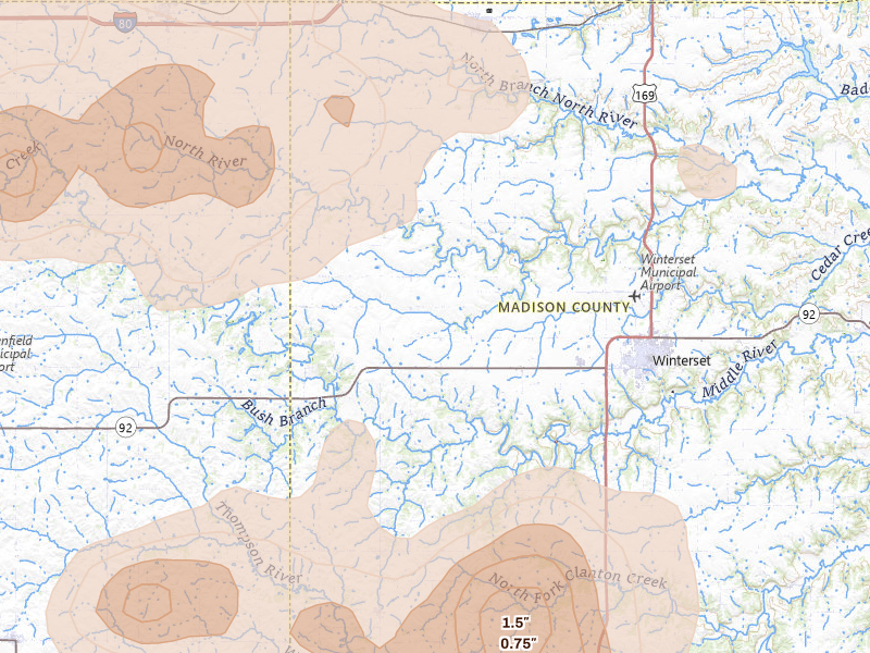 Radar-estimated hail-size map of the storm over Winterset, IA on Jun 10, 2026