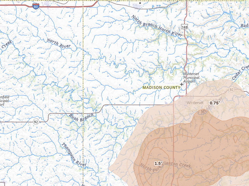 Radar-estimated hail-size map of the storm over Winterset, IA on Jun 11, 2026
