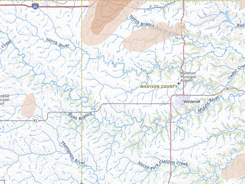Radar-estimated hail-size map of the storm over Winterset, IA on Jul 3, 2026