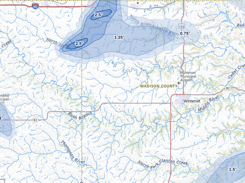 NEXRAD radar-signature map of the hail storm over Winterset, IA on Jul 3, 2026