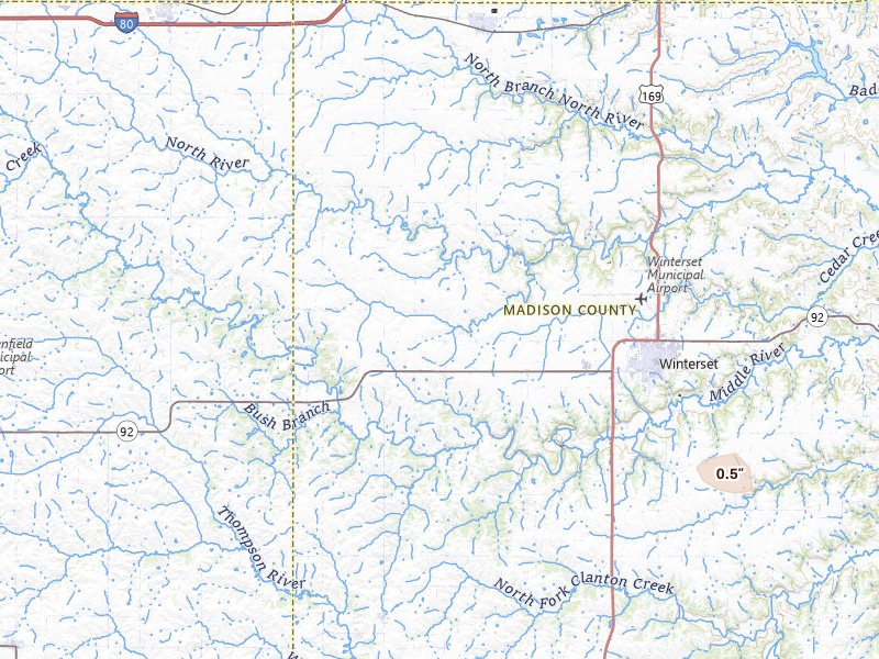 Radar-estimated hail-size map of the storm over Winterset, IA on Jul 4, 2026