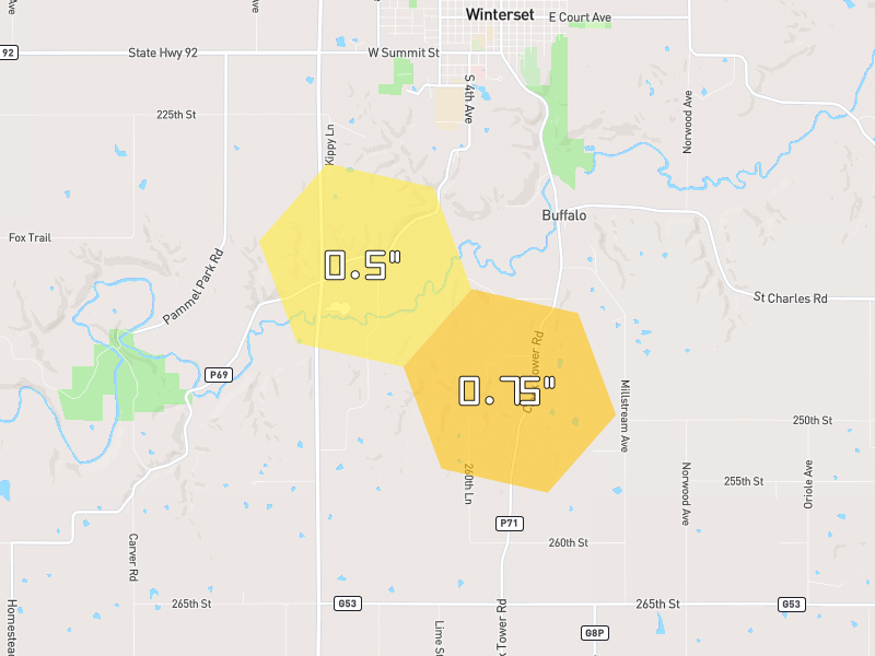 Hail map of Winterset, IA on Jul 5, 2026, hail up to 0.75"