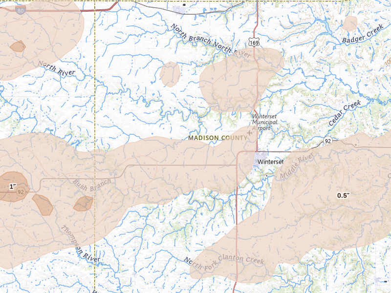 Radar-estimated hail-size map of the storm over Winterset, IA on Aug 13, 2026