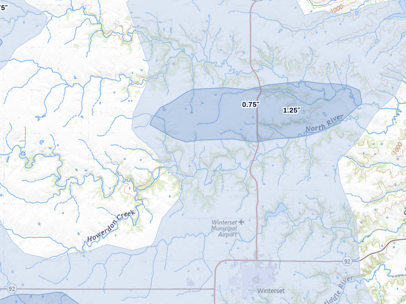NEXRAD radar-signature map of the hail storm over Winterset, IA on Aug 13, 2026
