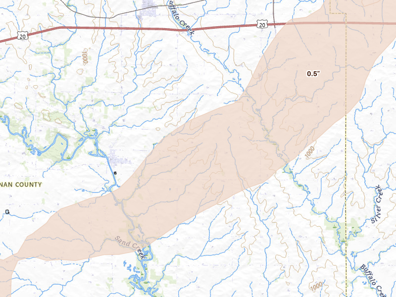 Radar-estimated hail-size map of the storm over Winthrop, IA on Apr 17, 2026