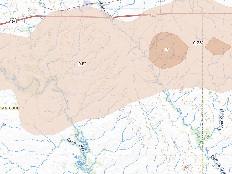 Radar-estimated hail-size map of the storm over Winthrop, IA on Jul 2, 2026