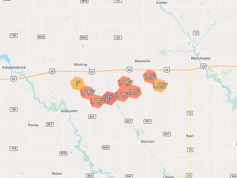 Hail map of Winthrop, IA on Jul 2, 2026, hail up to 2"