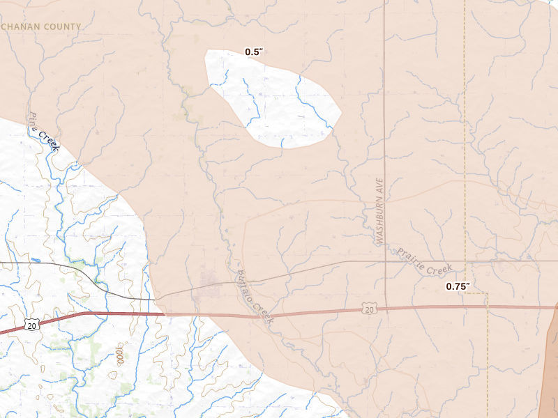 Radar-estimated hail-size map of the storm over Winthrop, IA on Aug 7, 2026