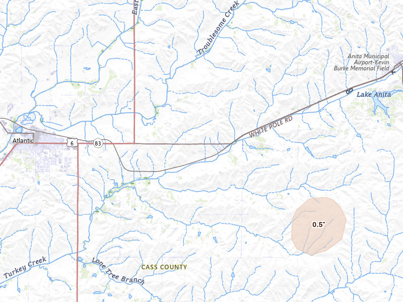 Radar-estimated hail-size map of the storm over Wiota, IA on May 18, 2026