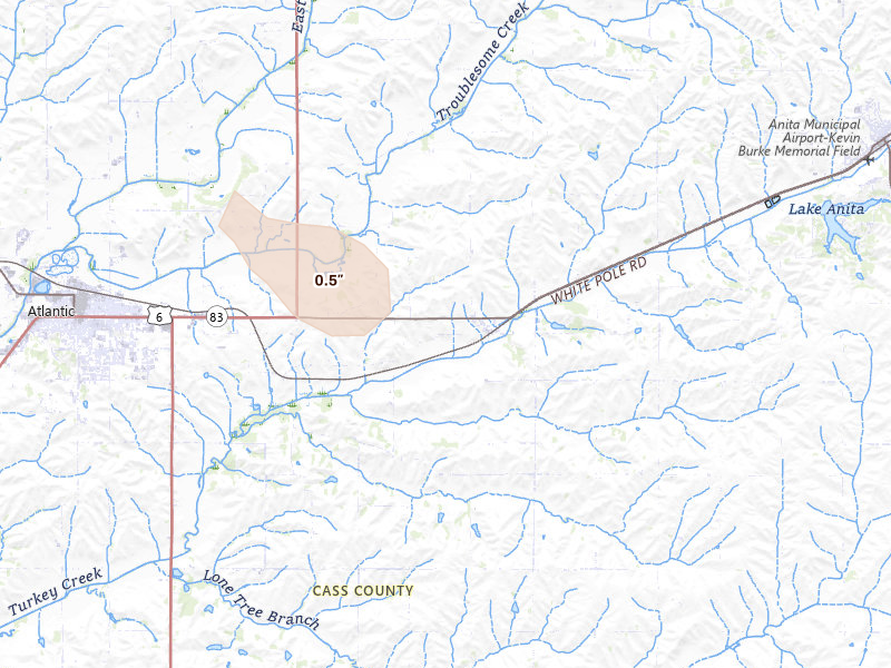 Radar-estimated hail-size map of the storm over Wiota, IA on Aug 8, 2026