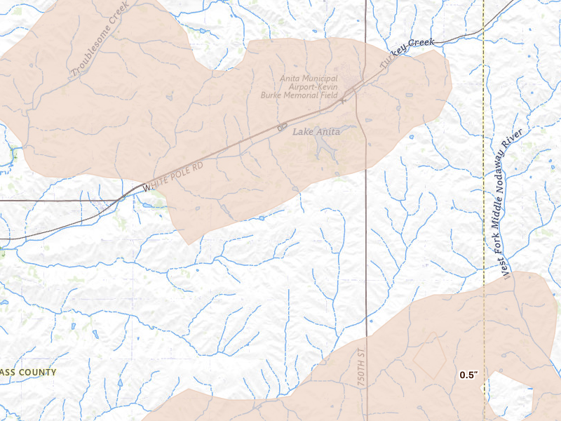 Radar-estimated hail-size map of the storm over Wiota, IA on Aug 13, 2026
