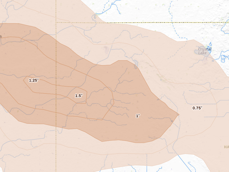 Radar-estimated hail-size map of the storm over Woden, IA on May 15, 2026
