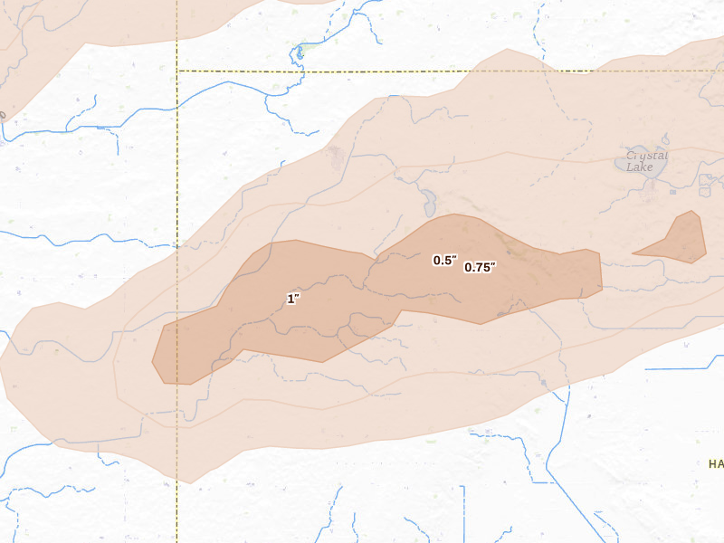 Radar-estimated hail-size map of the storm over Woden, IA on Jul 2, 2026