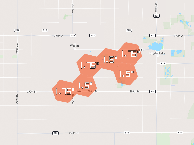 Hail map of Woden, IA on Jul 2, 2026, hail up to 1.75"