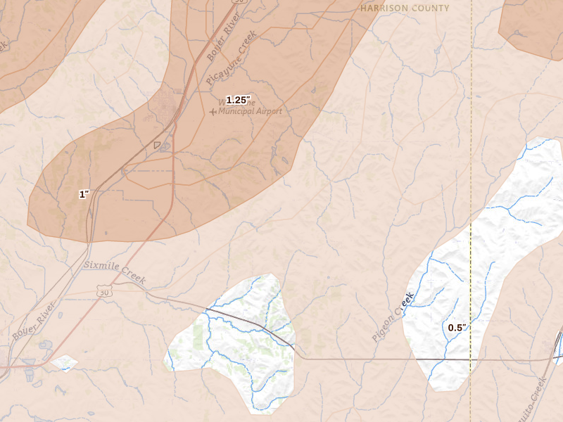 Radar-estimated hail-size map of the storm over Woodbine, IA on Apr 23, 2026