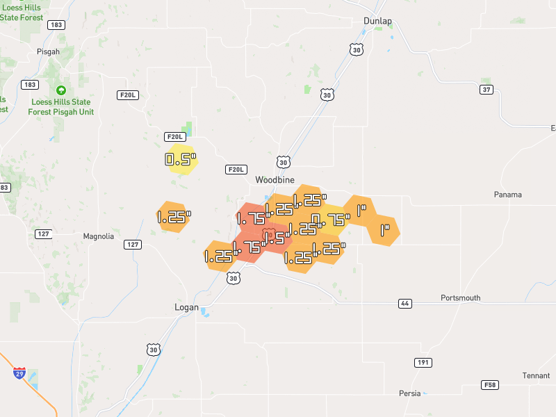 Hail map of Woodbine, IA on Jun 1, 2026, hail up to 1.75"