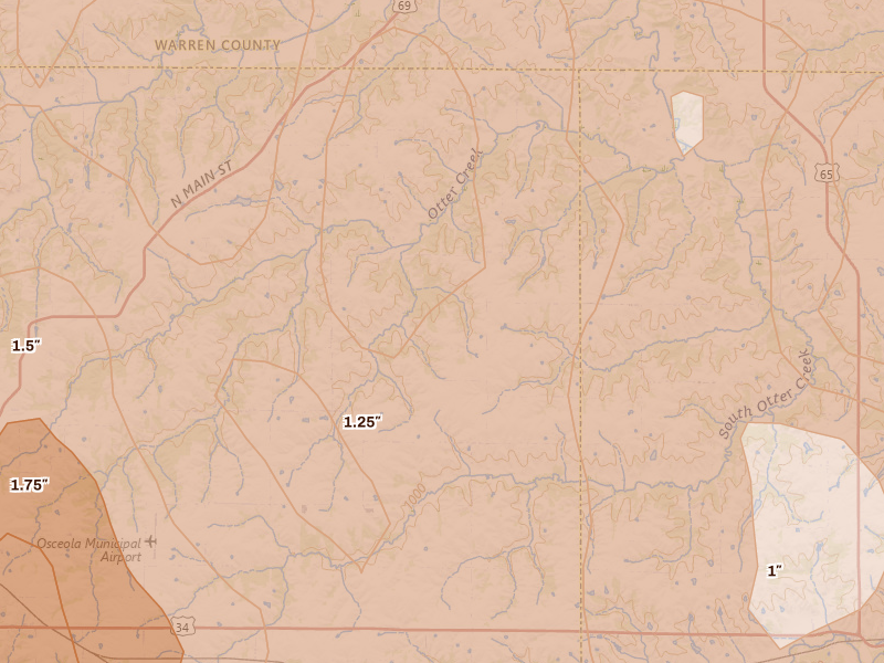 Radar-estimated hail-size map of the storm over Woodburn, IA on Jun 11, 2026