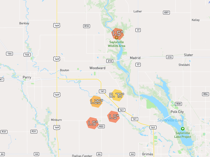 Hail map of Woodward, IA on Jul 3, 2026, hail up to 1.5"