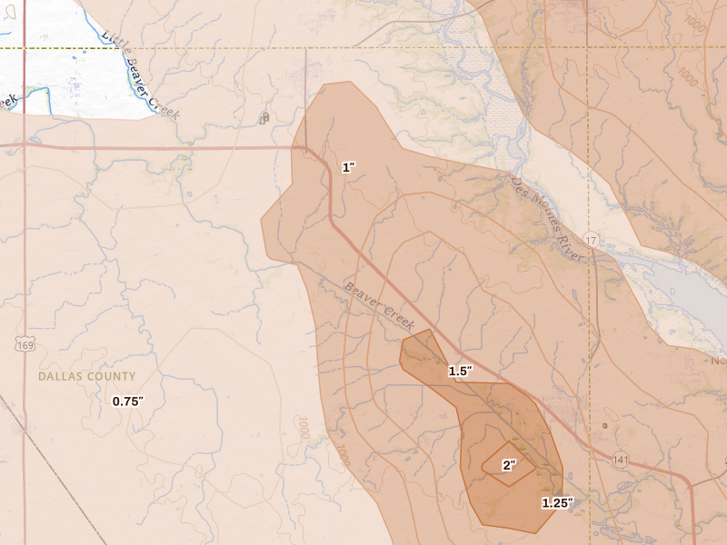 Radar-estimated hail-size map of the storm over Woodward, IA on Jul 20, 2026