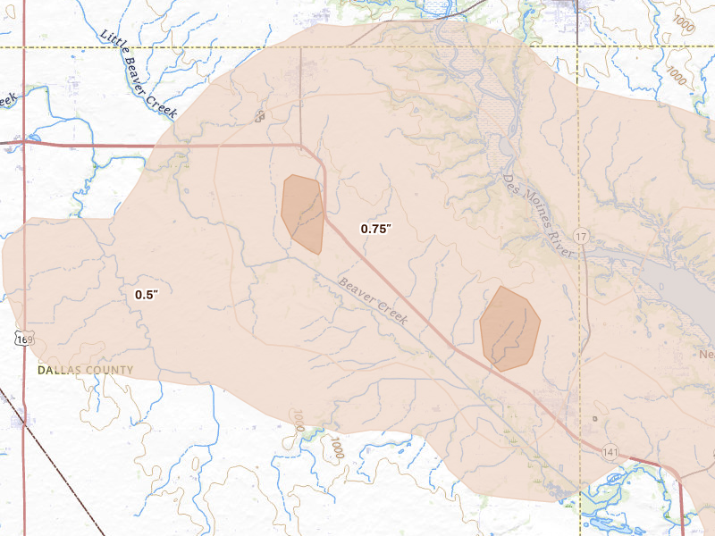 Radar-estimated hail-size map of the storm over Woodward, IA