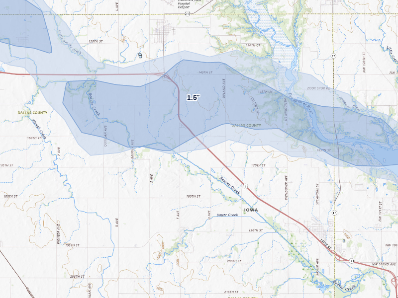 NEXRAD radar-signature map of the hail storm over Woodward, IA on Sep 8, 2026