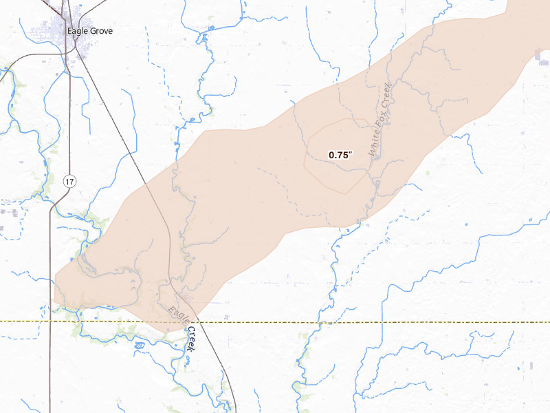 Radar-estimated hail-size map of the storm over Woolstock, IA on Jul 2, 2026