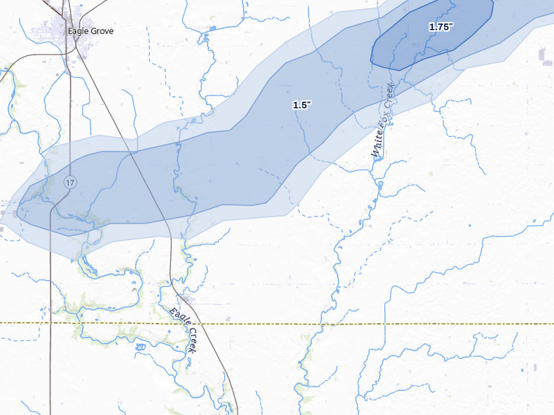 NEXRAD radar-signature map of the hail storm over Woolstock, IA on Jul 2, 2026