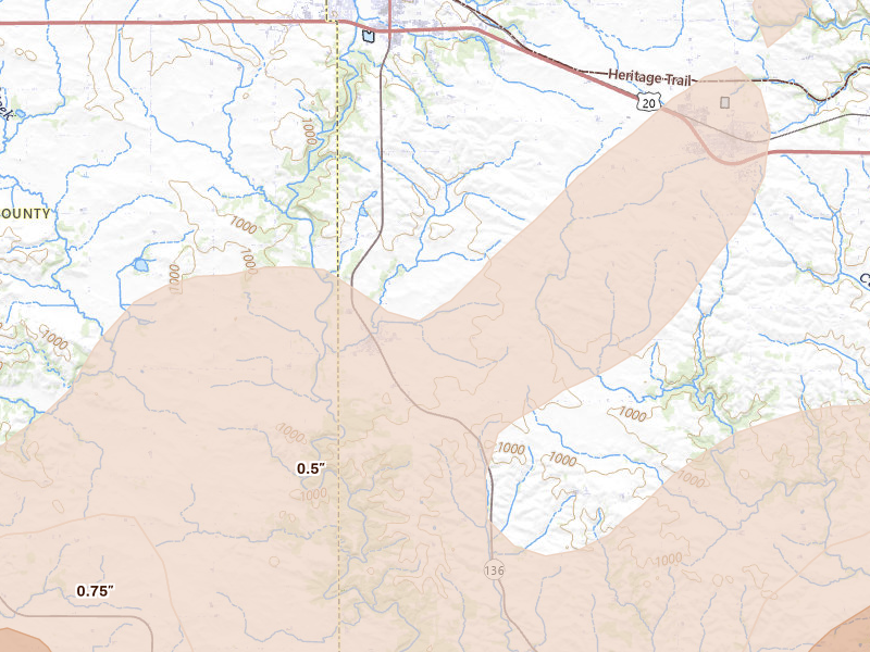 Radar-estimated hail-size map of the storm over Worthington, IA on Apr 17, 2026