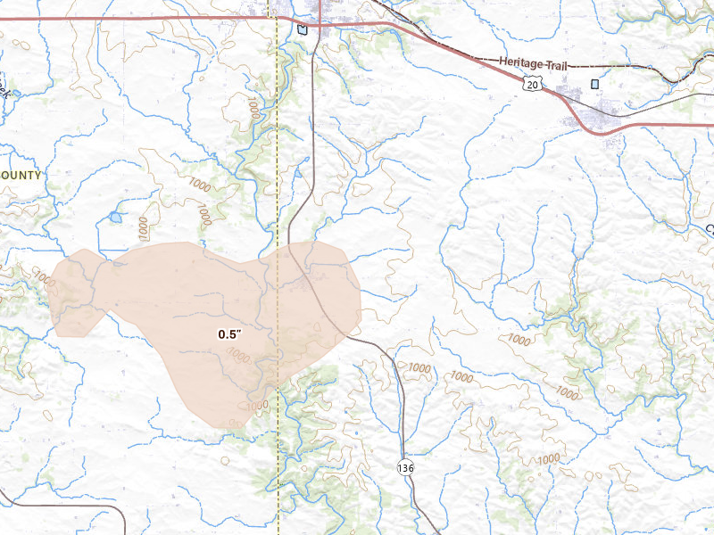 Radar-estimated hail-size map of the storm over Worthington, IA on Jun 28, 2026