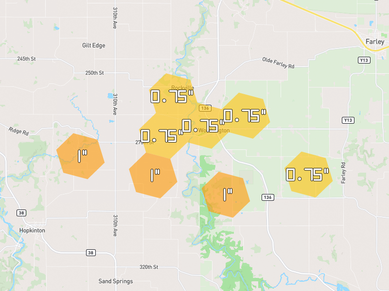 Hail map of Worthington, IA on Jun 28, 2026, hail up to 1"