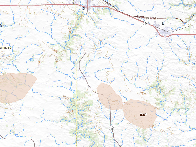 Radar-estimated hail-size map of the storm over Worthington, IA on Jul 3, 2026