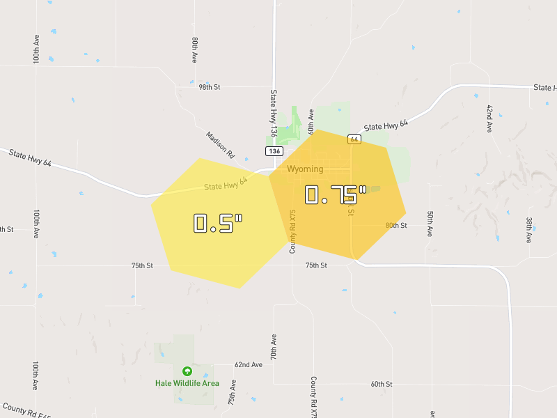 Hail map of Wyoming, IA on Jun 7, 2026, hail up to 0.75"