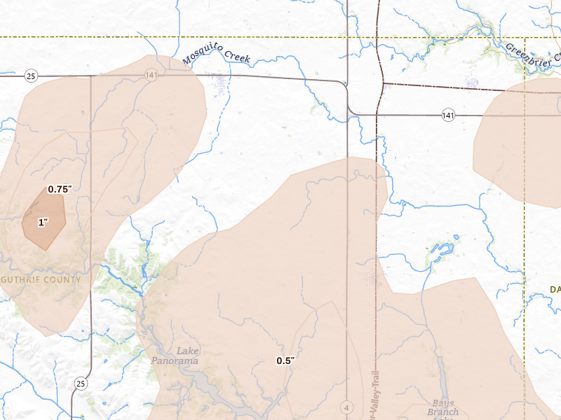 Radar-estimated hail-size map of the storm over Yale, IA on May 15, 2026