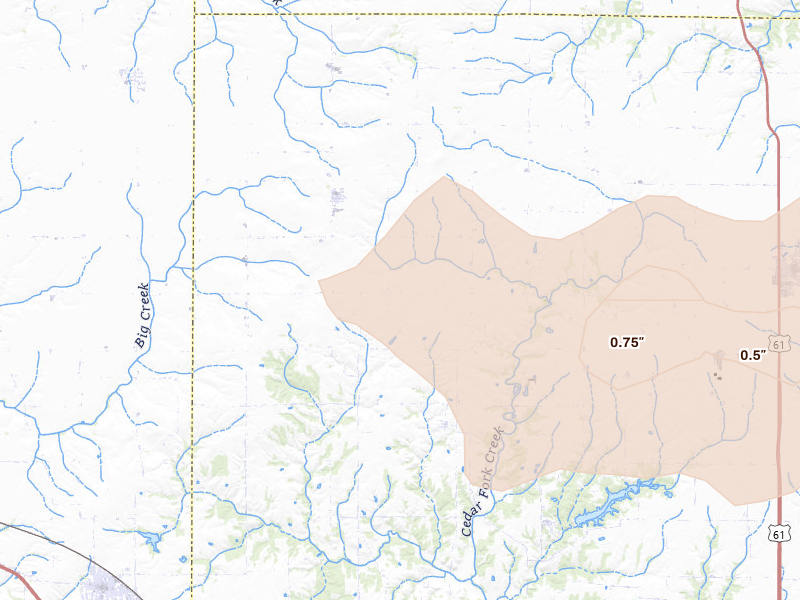 Radar-estimated hail-size map of the storm over Yarmouth, IA on May 4, 2026