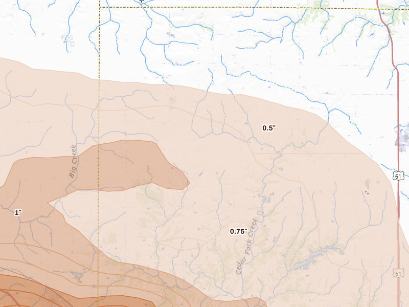 Radar-estimated hail-size map of the storm over Yarmouth, IA on Aug 12, 2026