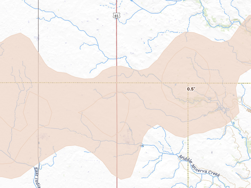 Radar-estimated hail-size map of the storm over Zearing, IA on Jun 28, 2026