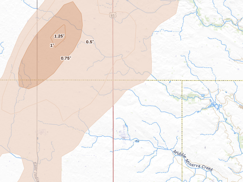 Radar-estimated hail-size map of the storm over Zearing, IA on Jul 2, 2026