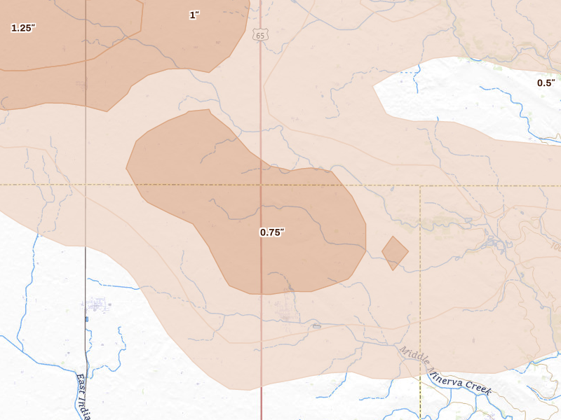 Radar-estimated hail-size map of the storm over Zearing, IA on Aug 11, 2026