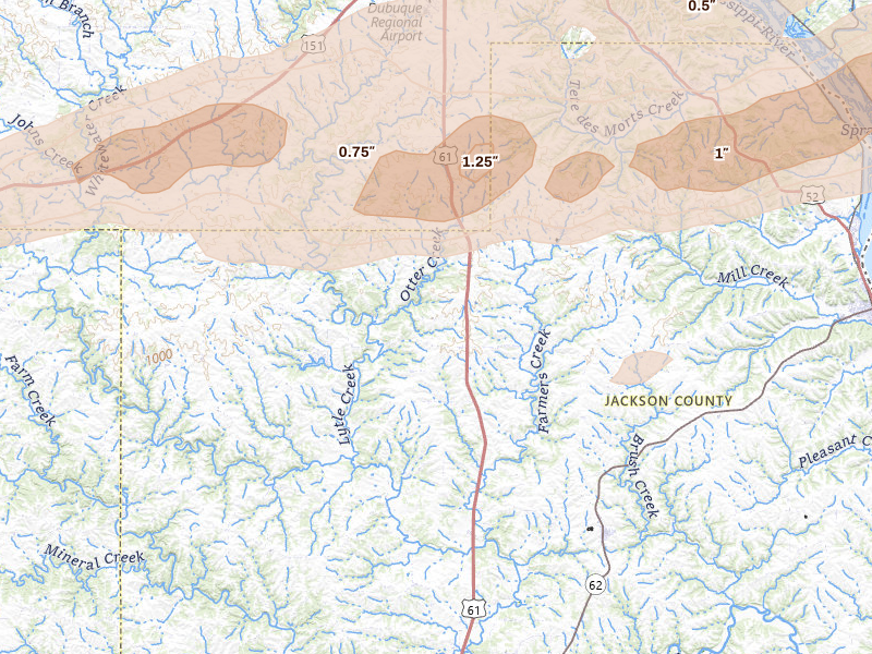 Radar-estimated hail-size map of the storm over Zwingle, IA on Mar 10, 2026
